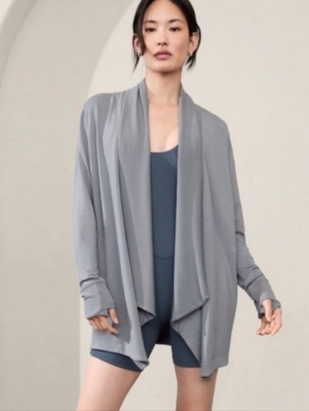 Athleta Gray Draped Open-Front Cardigan with Thumbholes Sz XS TP